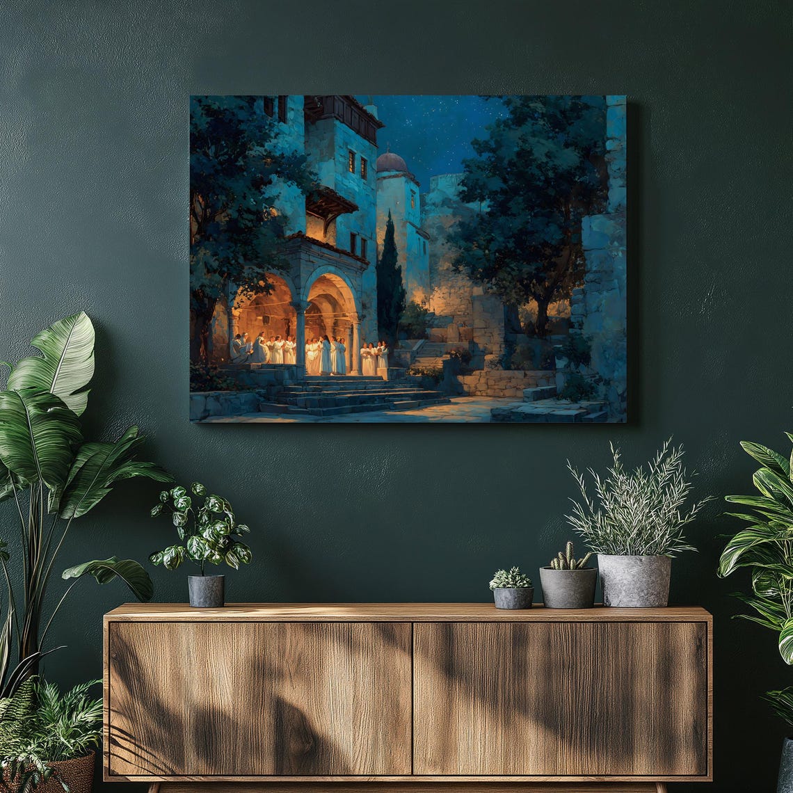 Monastery Choir Under Starry Night Sky Stone Arches Candle Art Poster