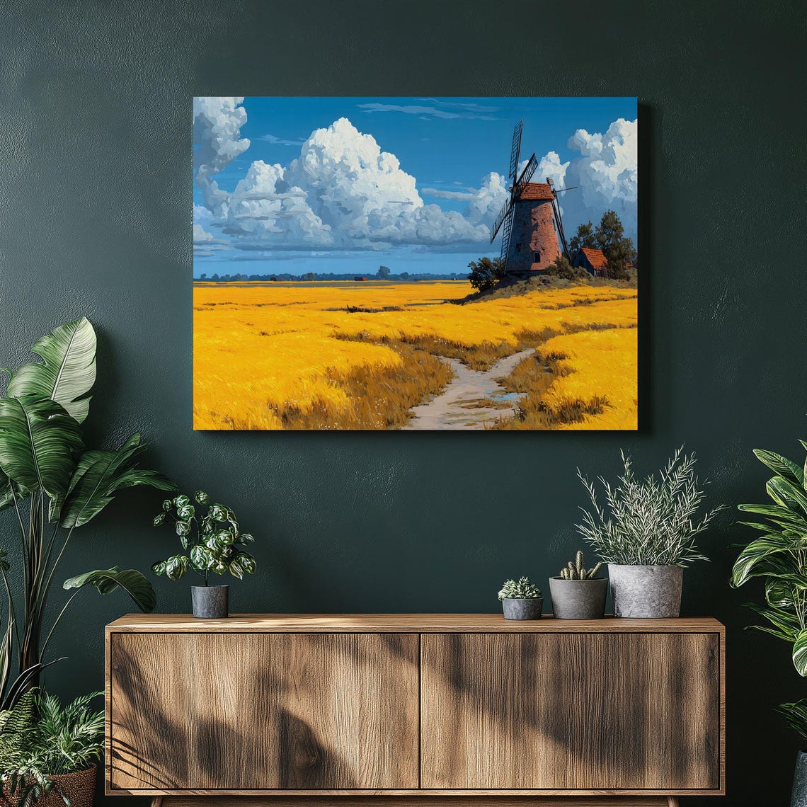 Old Windmill Golden Wheat Field Dramatic Clouds Rural Wall Art