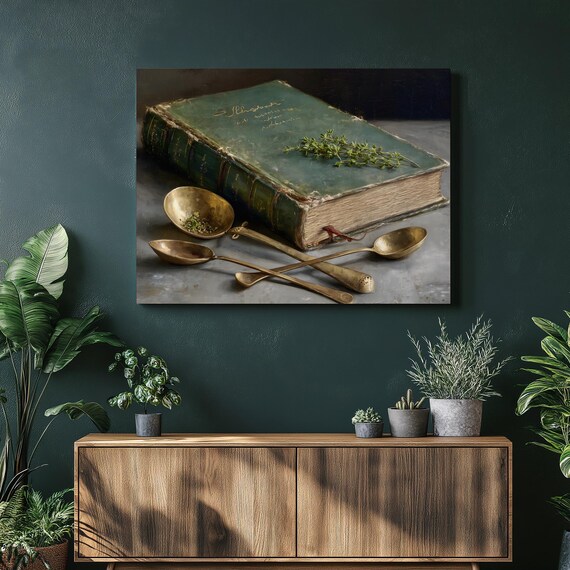 Vintage Cookbook Thyme Brass Spoons Moody Kitchen Still Life Poster