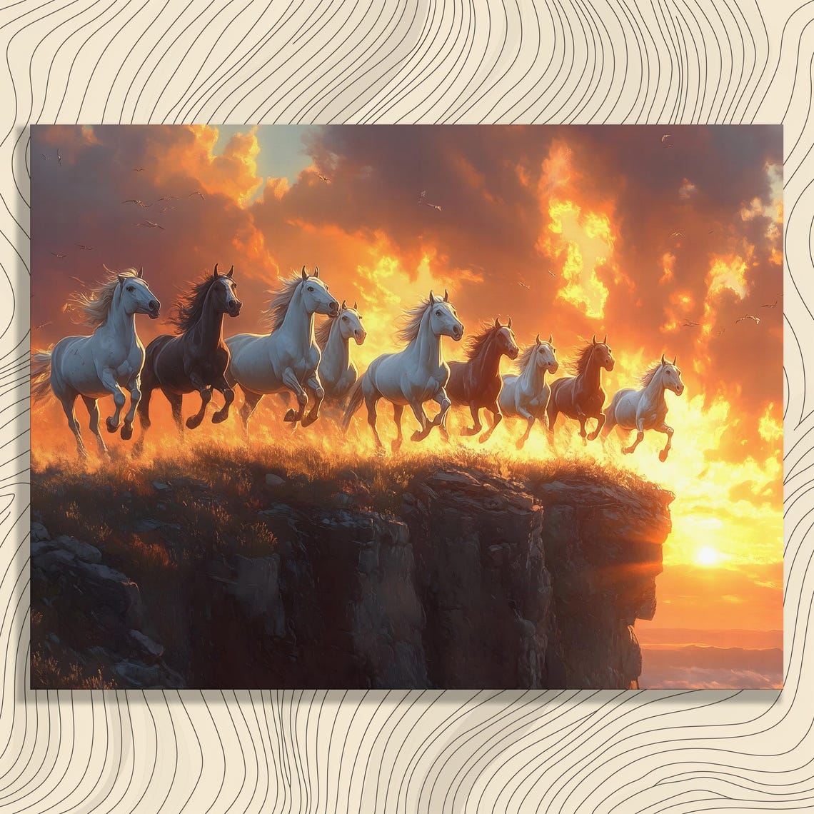 Galloping Horses Sunset Cliff Edge Fiery Sky Epic Herd Art Poster