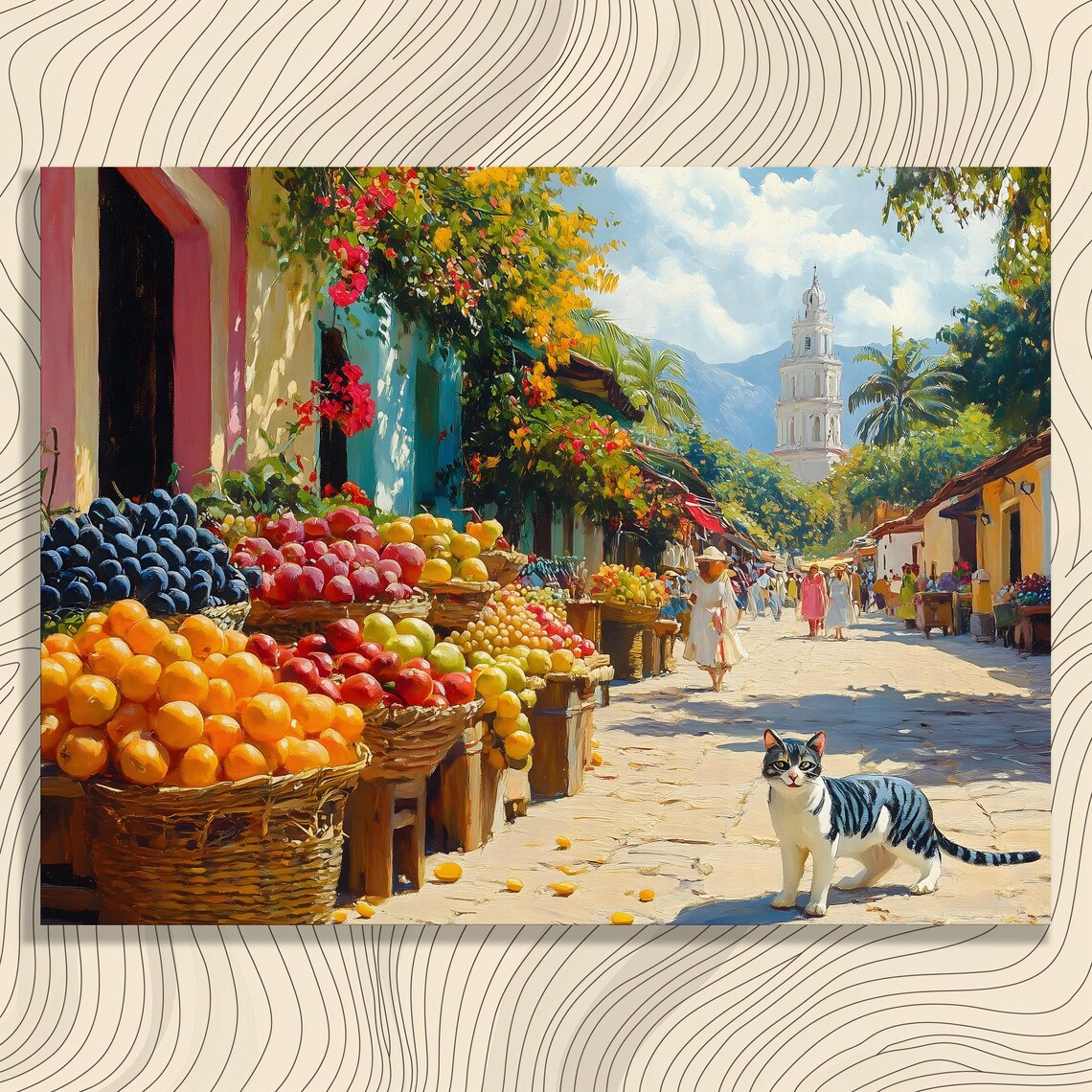Colorful Fruit Market Canvas Wall Art Colonial Street Scene With Tabby Cat Bougainvillea Tropical Fruits Church Tower Travel Decor Print