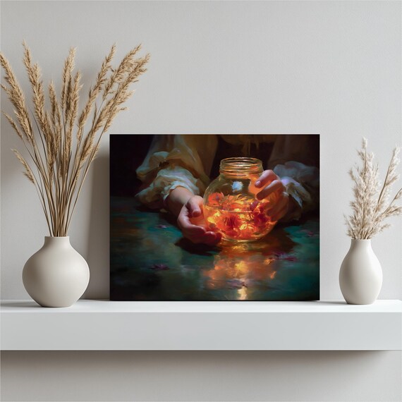 Hands Holding Glowing Flower Jar Warm Light Moody Still Life Poster