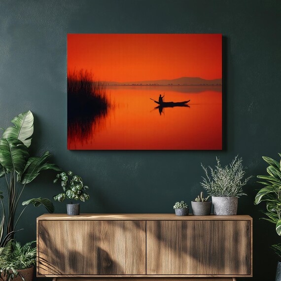 Sunset Fisherman Silhouette Calm Lake Boat Reflection Orange Art Poster