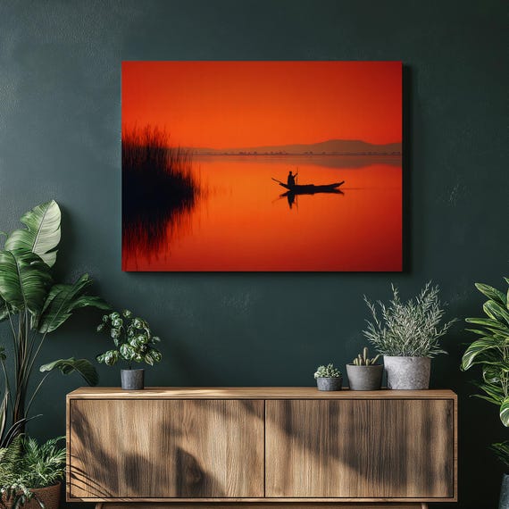 Sunset Fishing Boat Canvas Wall Art Tranquil Lake Silhouette Reflection Print Orange Red Water Landscape Nature Photography