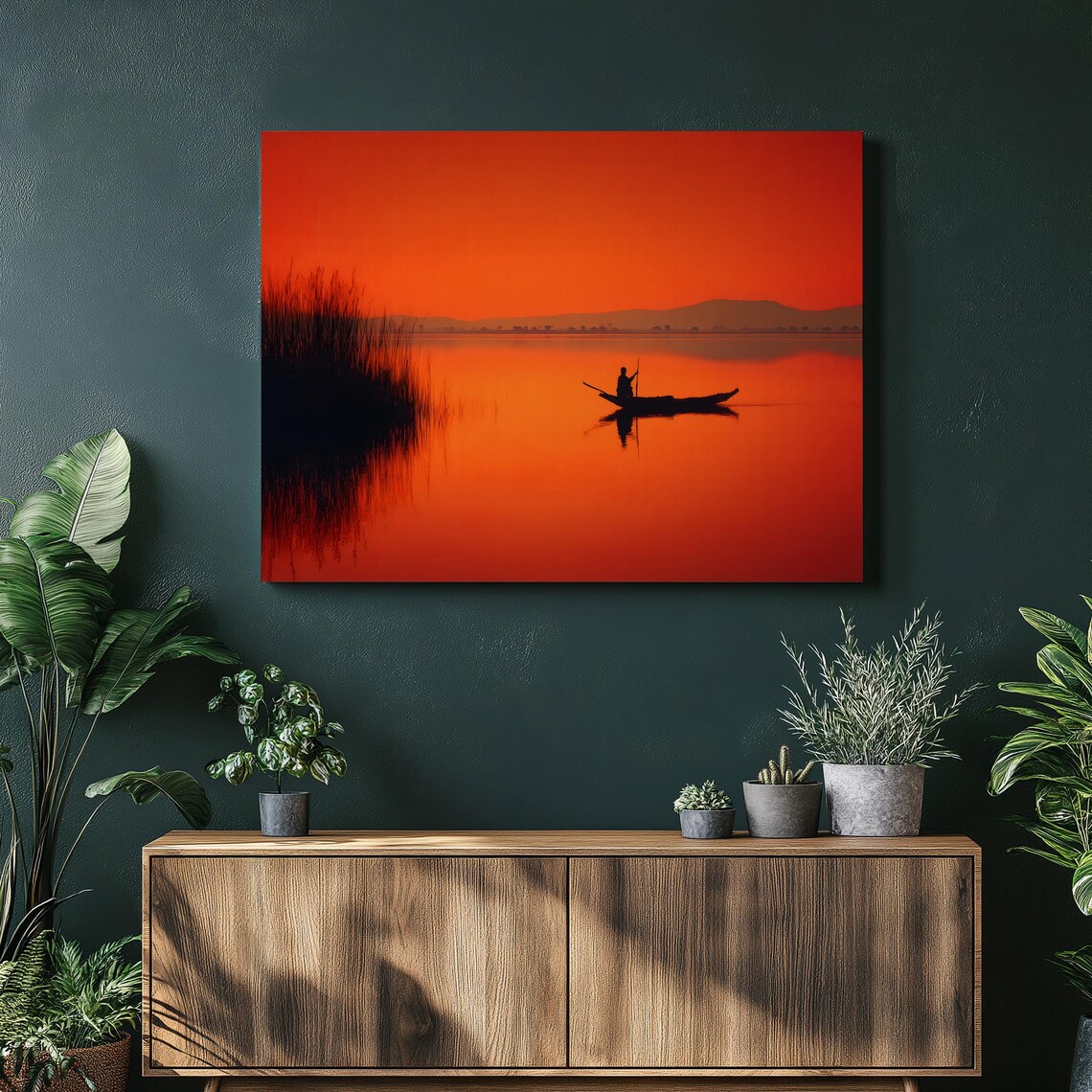 Sunset Fisherman Silhouette Calm Lake Boat Reflection Orange Art Poster