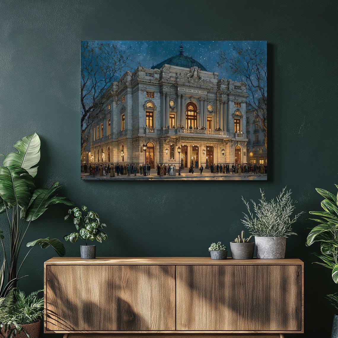 Grand Opera House Night Illuminated Facade Crowd Classical Art Poster