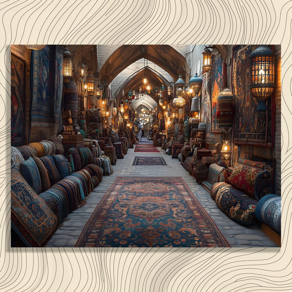 Middle Eastern Bazaar Rug Market Lanterns Vibrant Travel Art Poster