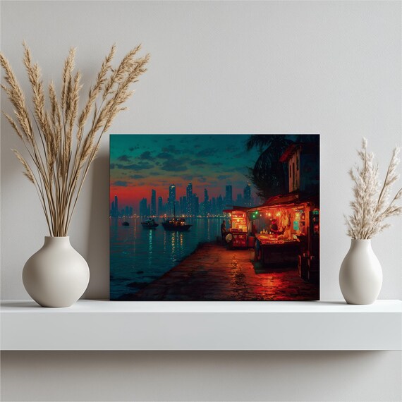 Waterfront Night Market Canvas Wall Art Vibrant Food Stall Painting With Sunset Skyline Print For Coastal Decor Cityscape