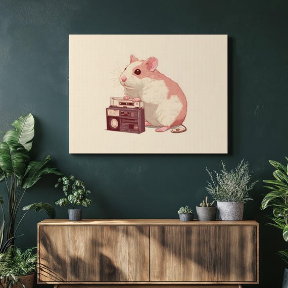 Cute Hamster Canvas Wall Art Retro Boombox Animal Decor Print Whimsical Pet Illustration Gift For Lover Unique Music Poster