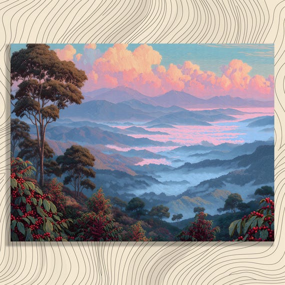Colorful Coffee Plantation Canvas Wall Art Misty Mountain Sunrise Tropical Landscape Painting Print Pink Clouds Contemporary Nature Decor