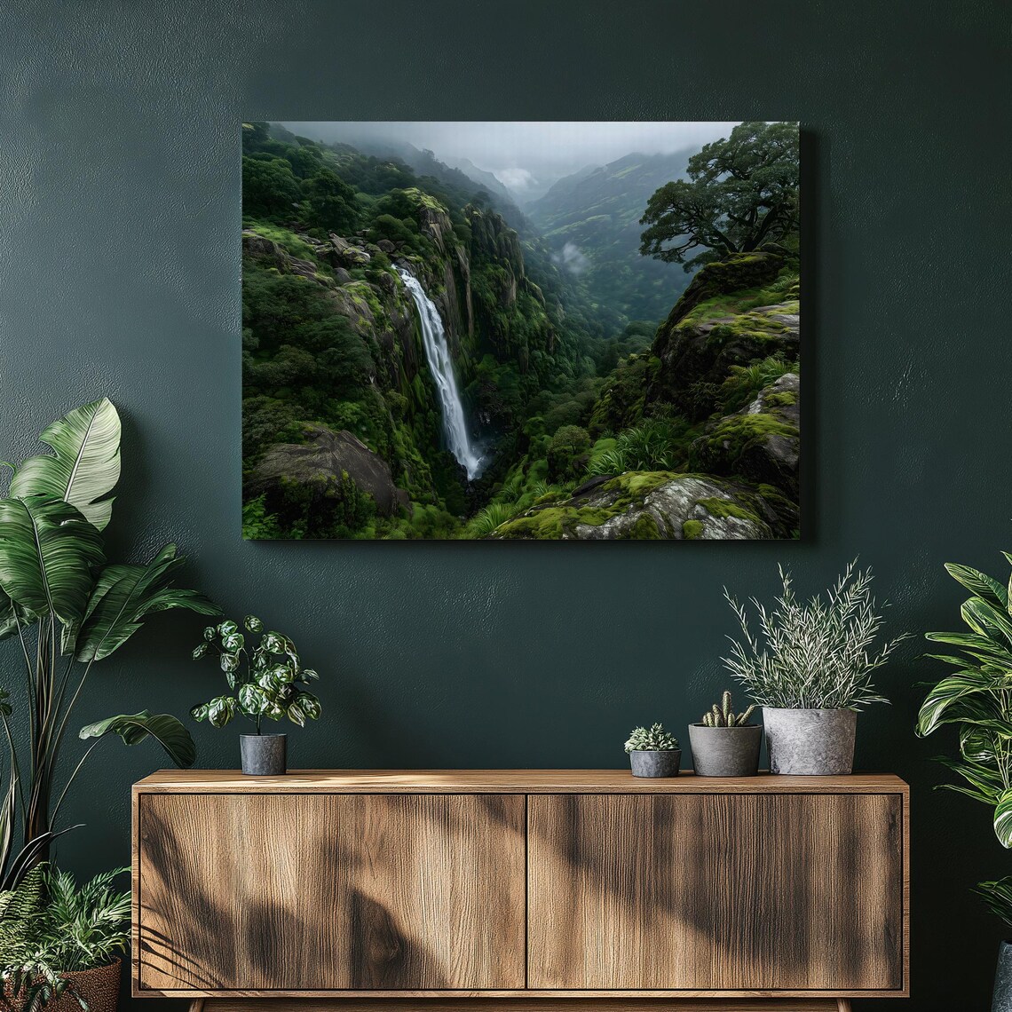 Misty Waterfall Deep Green Forest Valley Nature Canvas Wall Art