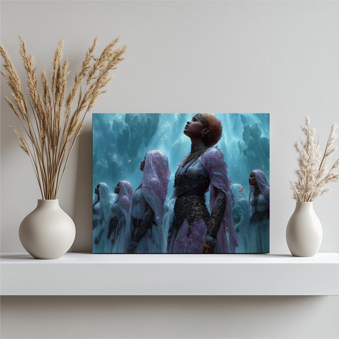 Celestial Veiled Maidens Ethereal Blue Fantasy Canvas Wall Art