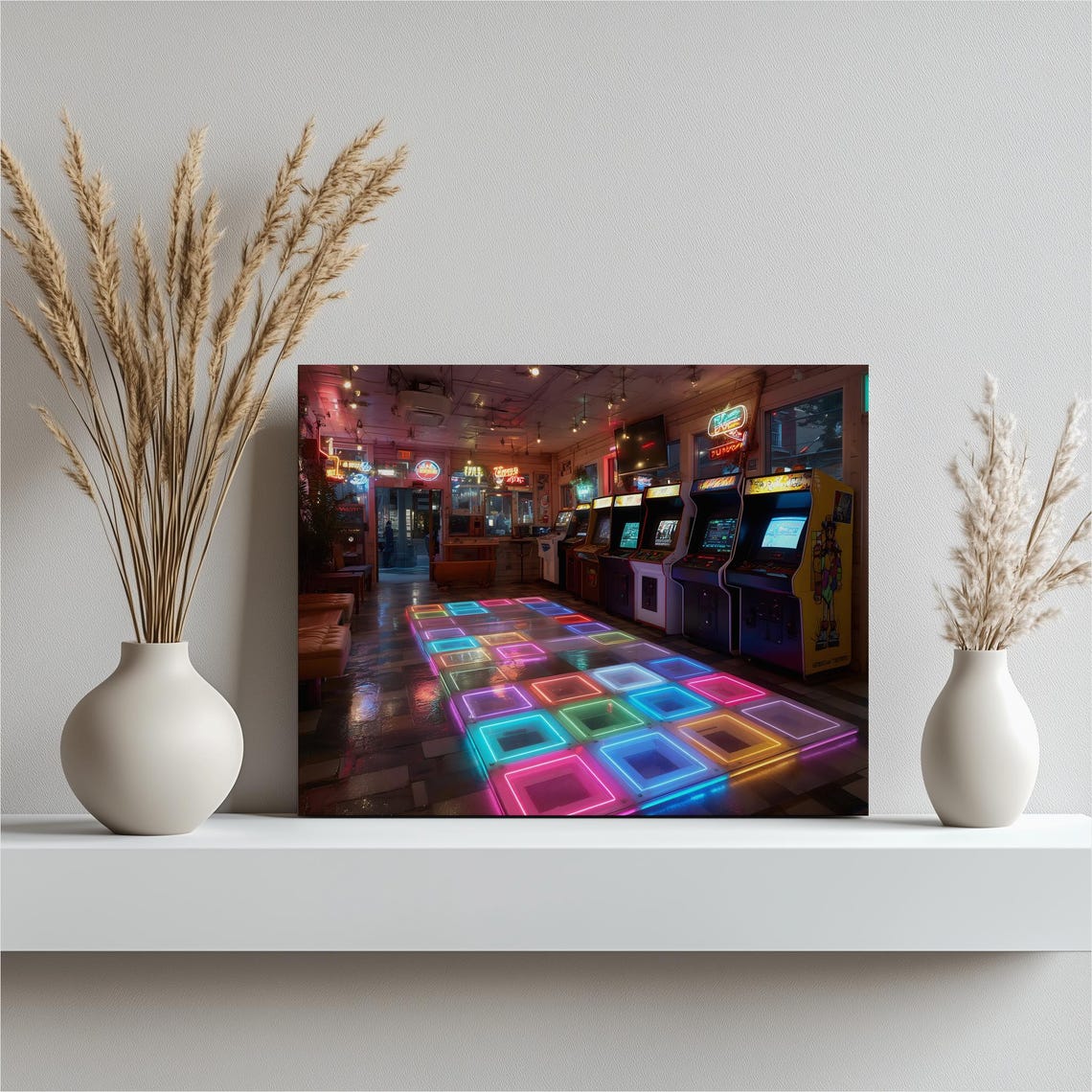 Neon Arcade Room Retro Gaming Canvas Wall Art with Glow Dance Floor
