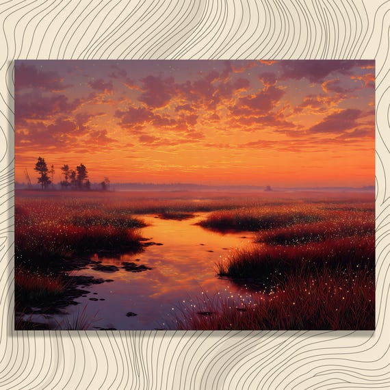 Sunset Marsh Scene Canvas Wall Art Vibrant Wetland Firefly Glow Landscape Decor Painting Print For Nature Lovers Gifts Unique