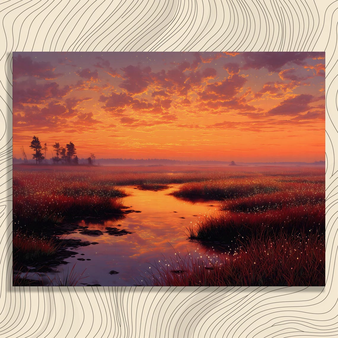 Sunset Marsh Wetland Stream Glowing Meadow Landscape Poster Wetland
