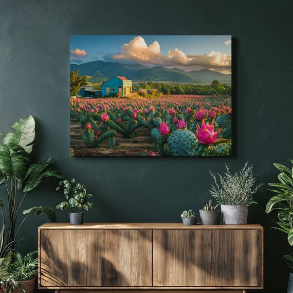 Colorful Cactus Flower Canvas Wall Art Desert Landscape Pink Flowers Mountain Rolling Hills Farmhouse Sunset Botanical Print Nature Decor
