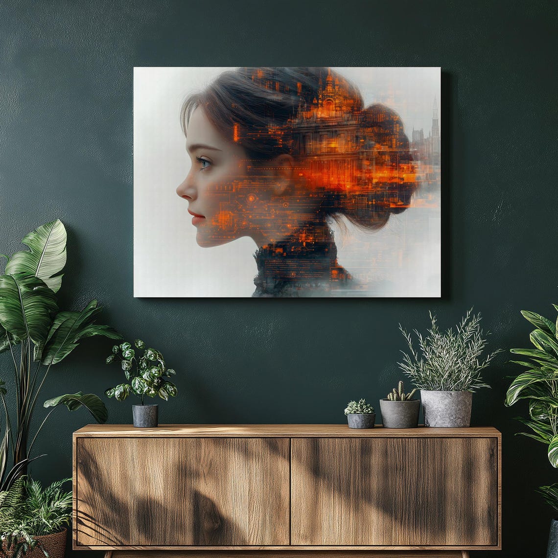 Victorian Tech Portrait Canvas Wall Art Double Exposure Female Profile With Circuit Board Overlay And Cityscape Computer Science Decor