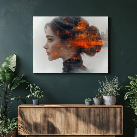 Victorian Tech Portrait Canvas Wall Art Double Exposure Female Profile With Circuit Board Overlay And Cityscape Computer Science Decor