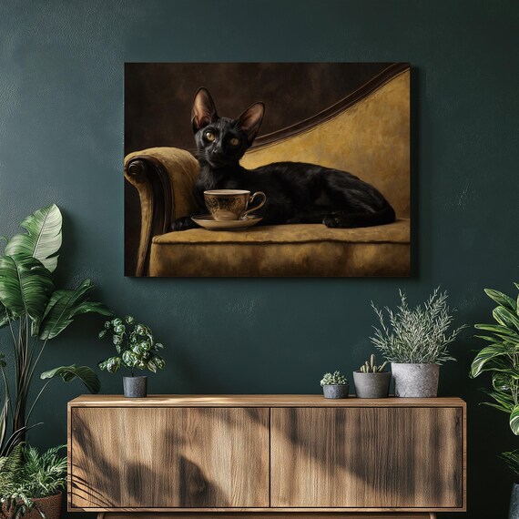 Black Cat Vintage Canvas Wall Art Regal Feline Portrait On Chaise Lounge With Teacup Moody Still Life Victorian Style Print