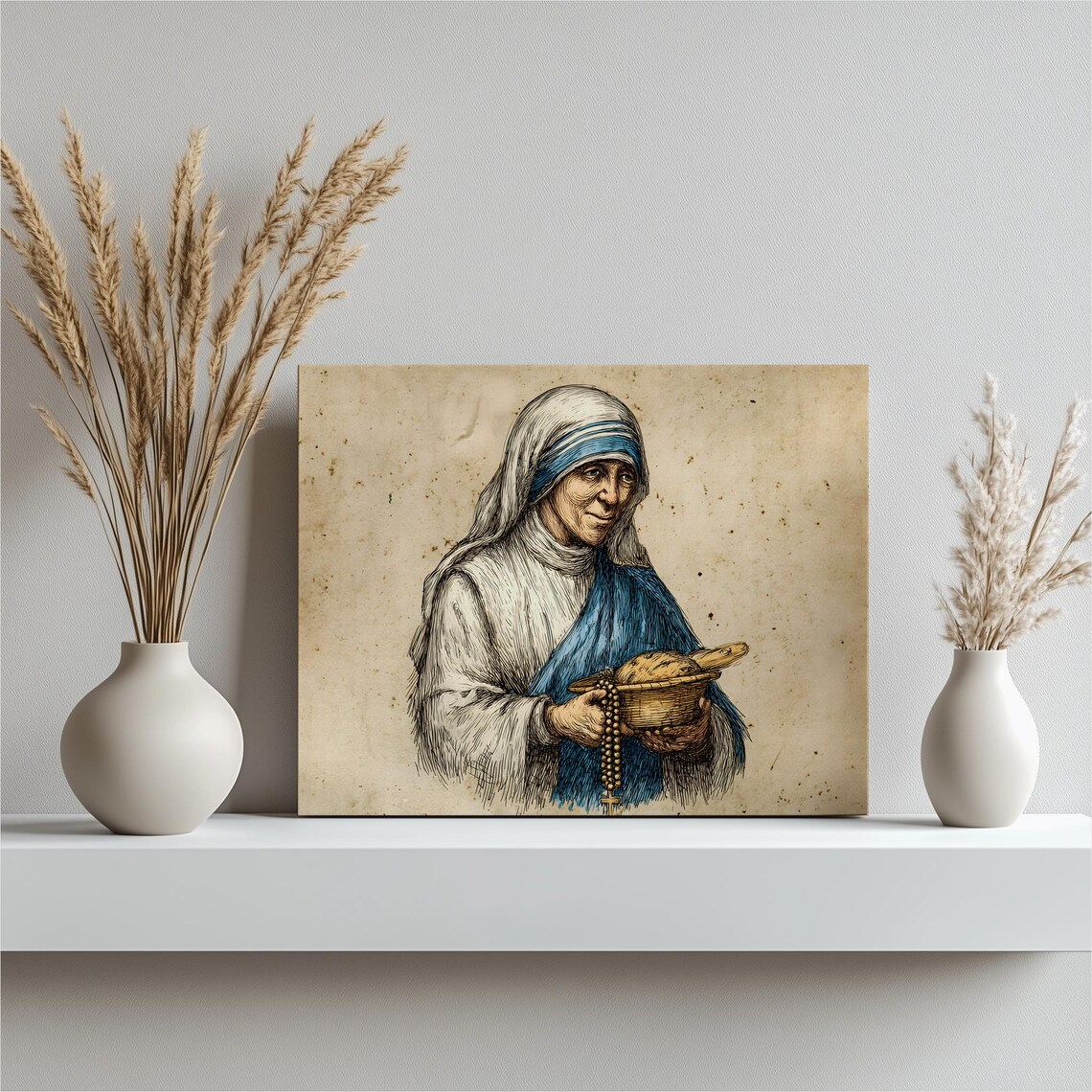 Mother Teresa Vintage Engraving Style Portrait Holding Bread Wall Art