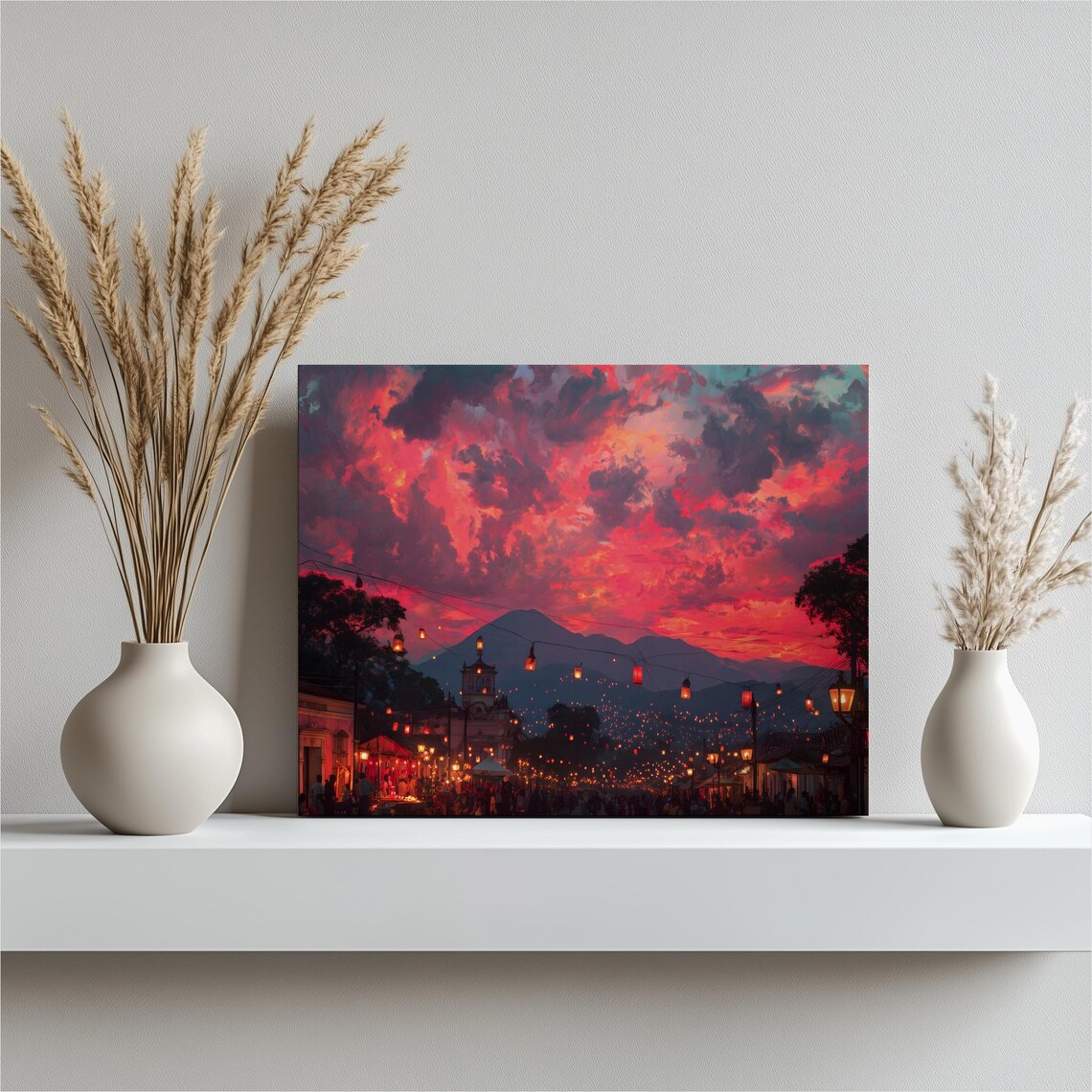 Sunset Lantern Market Vibrant Festival Street Night Lights Poster