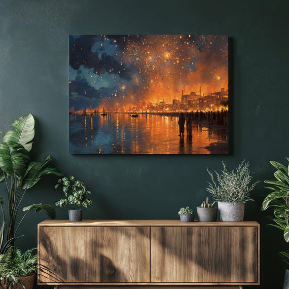Fireworks Lantern Festival Canvas Wall Art Vibrant Coastal Cityscape Night Sky Print With Floating Lanterns Water Reflections City Skyline