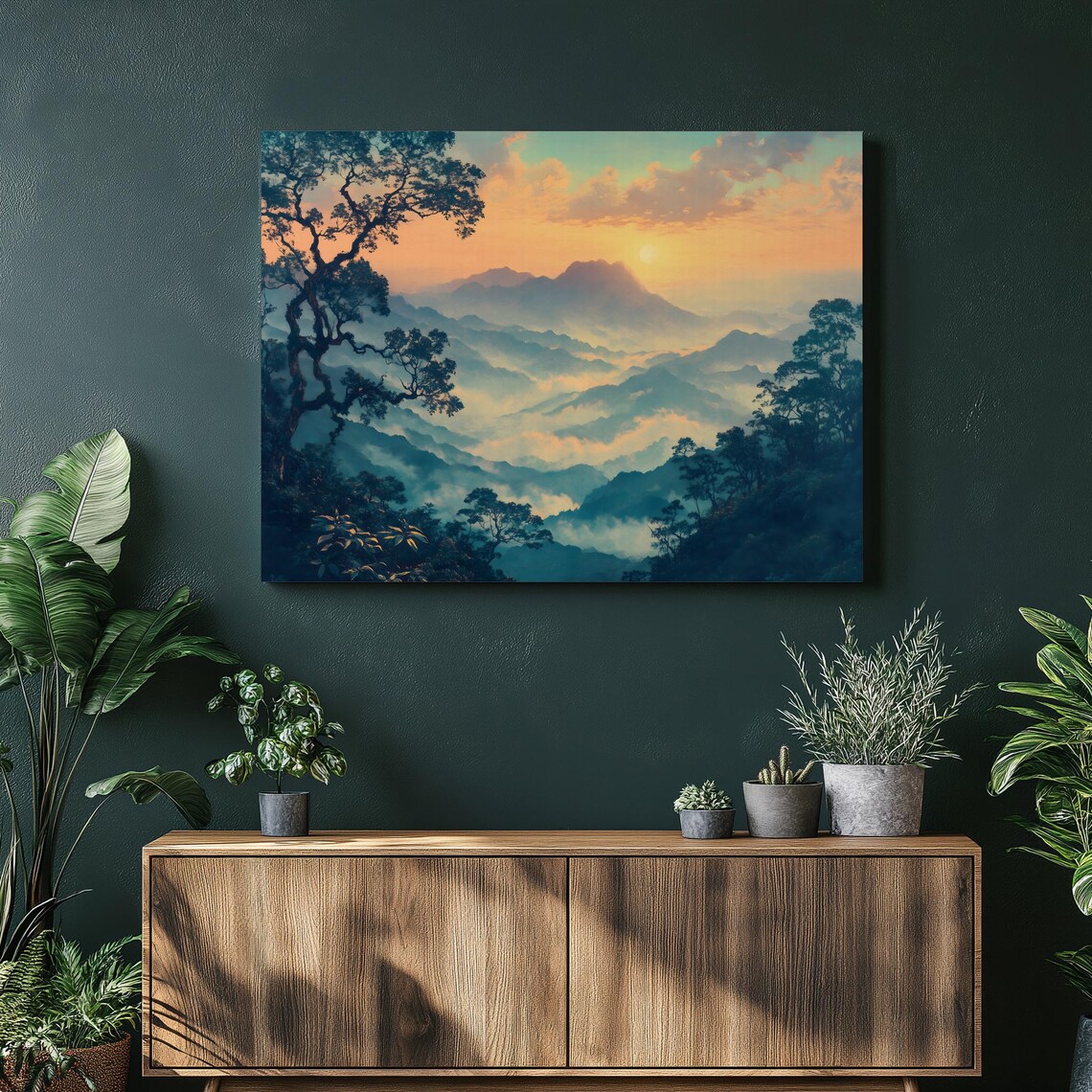 Misty Mountain Sunrise Layered Blue Ridges Golden Sky Forest Poster