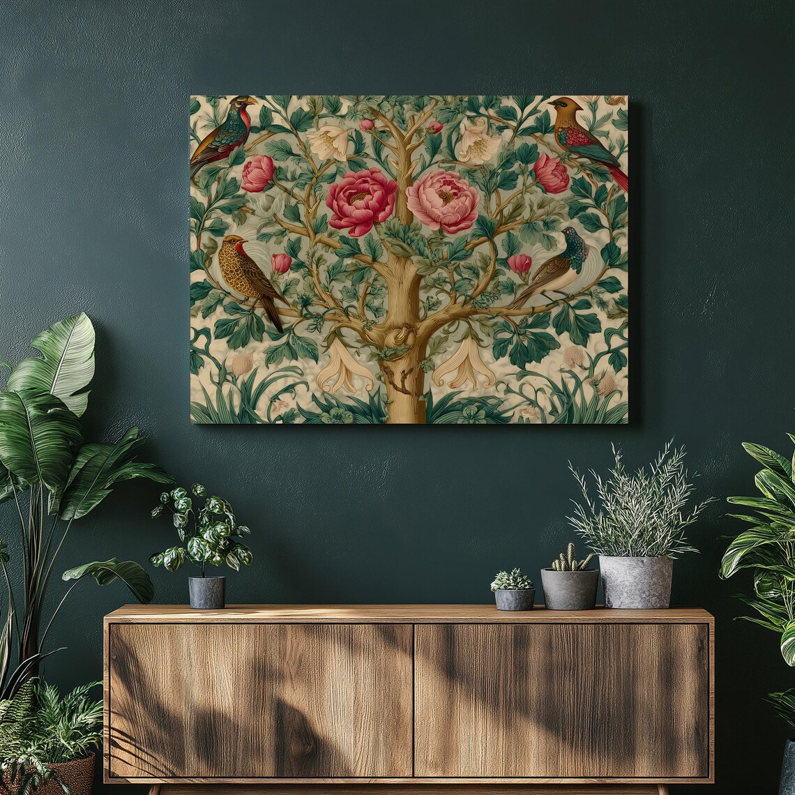 Vintage Tree Of Life With Birds And Pink Peonies Botanical Poster