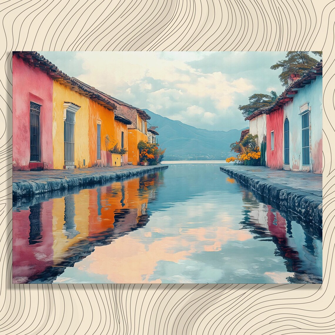 Vibrant Street Scene Canvas Wall Art Colorful Houses Reflection Print Decor Gift For Travel Enthusiasts El Salvador Village Painting