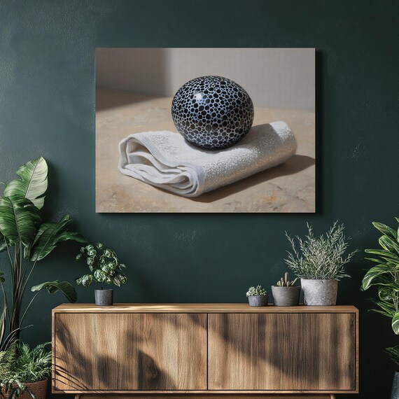 Modern Still Life Canvas Wall Art Photoreal Neutral Decor Black White Minimalist Print Ceramic Sphere Towel Beige Marble Spa Inspired