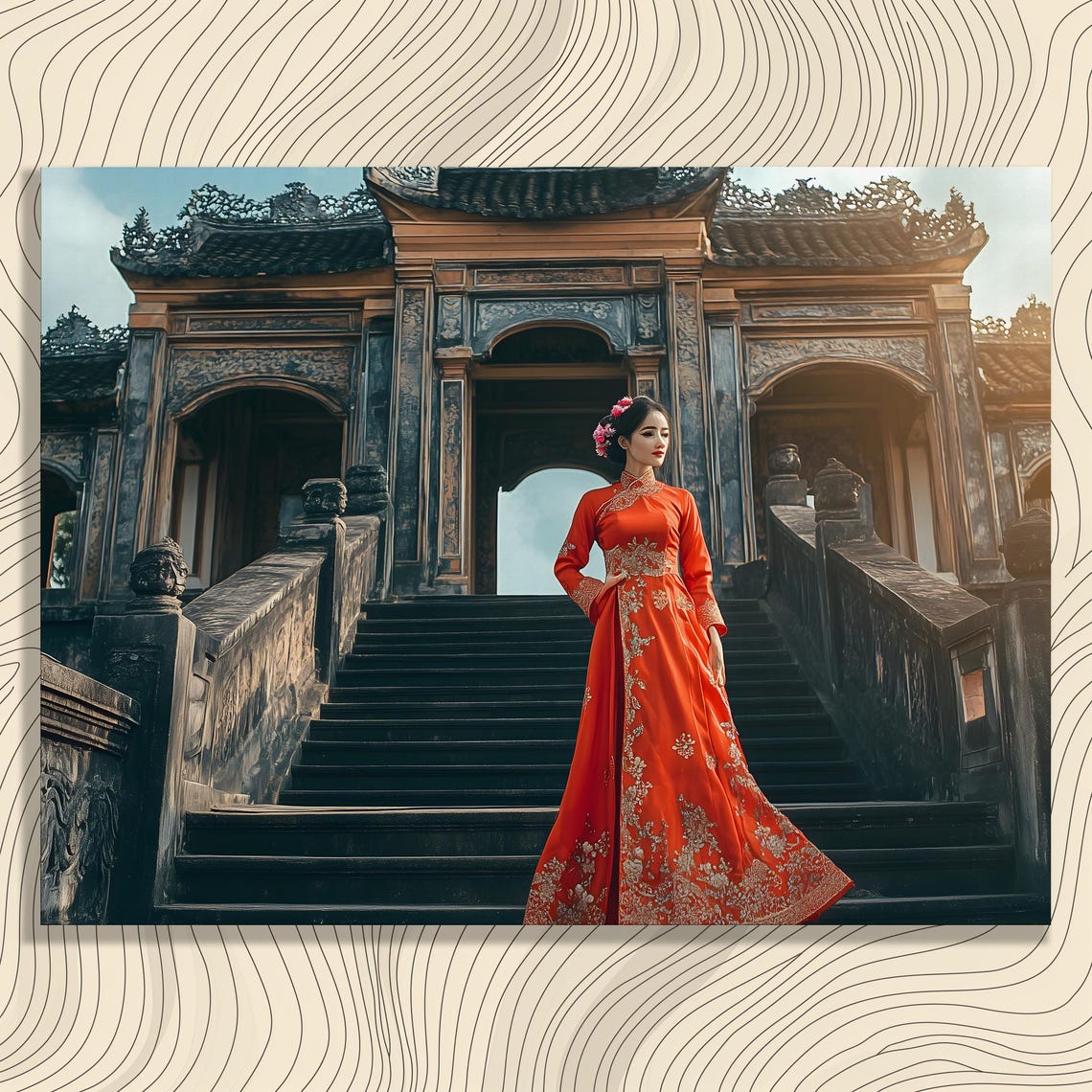 Woman in Red Embroidered Ao Dai on Ancient Temple Steps Photo Poster
