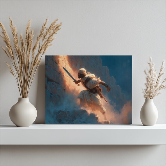 Biblical Warrior With Sword Storming Mountain Wall Dramatic Print
