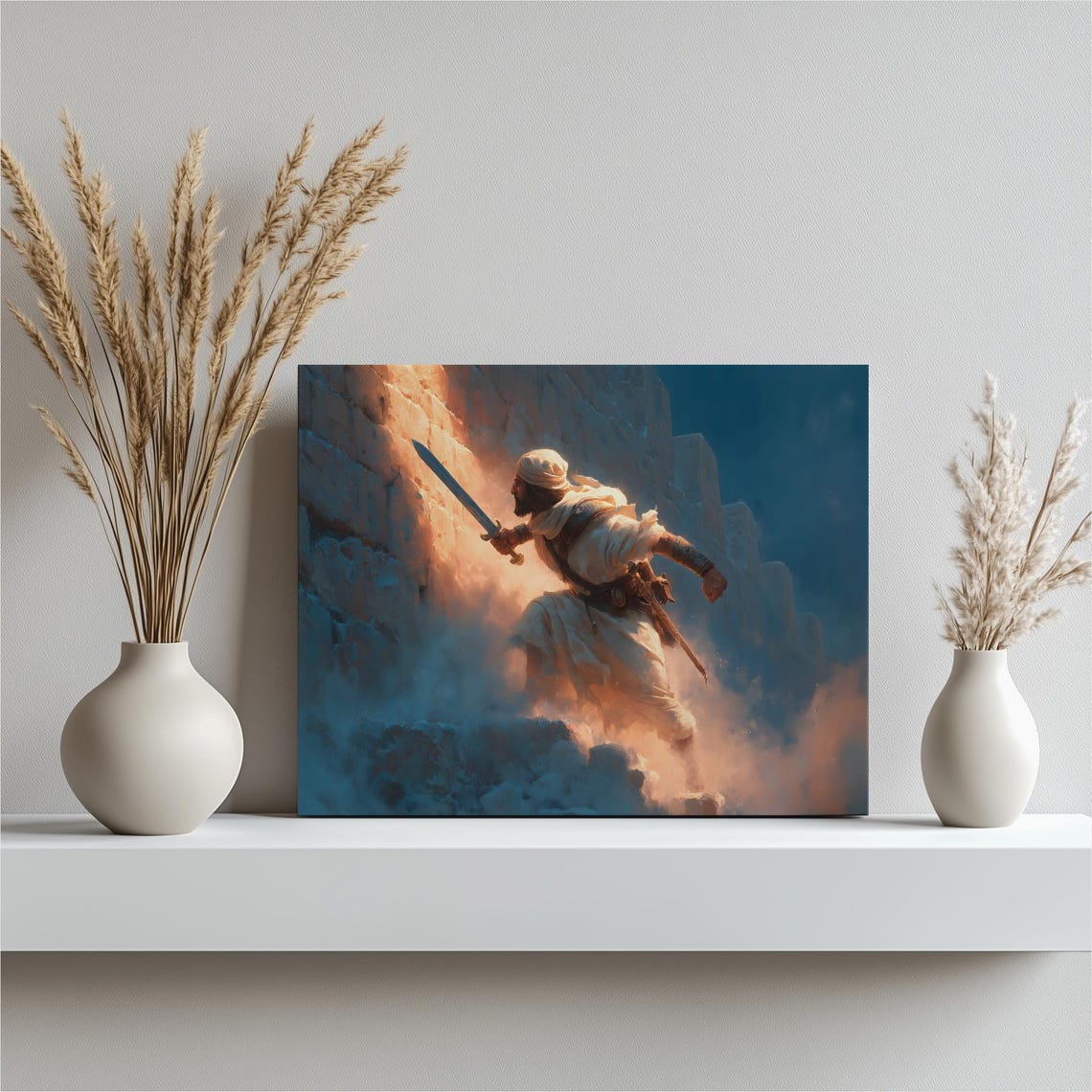 Biblical Warrior With Sword Storming Mountain Wall Dramatic Print