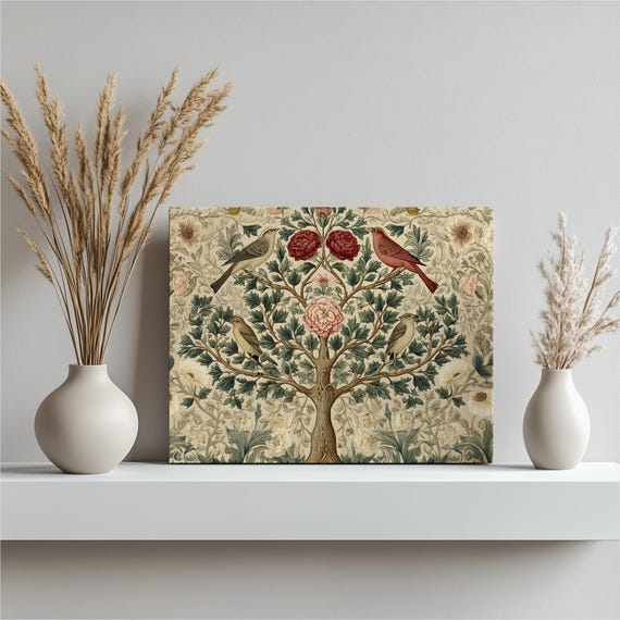 Tree Birds Canvas Wall Art Botanical Floral Print Ornamental Design For Nature Decor Bird Lover Gift Vintage