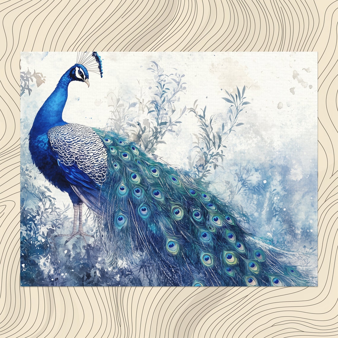 Majestic Peacock Full Tail Blue Watercolor Wildlife Elegant Poster