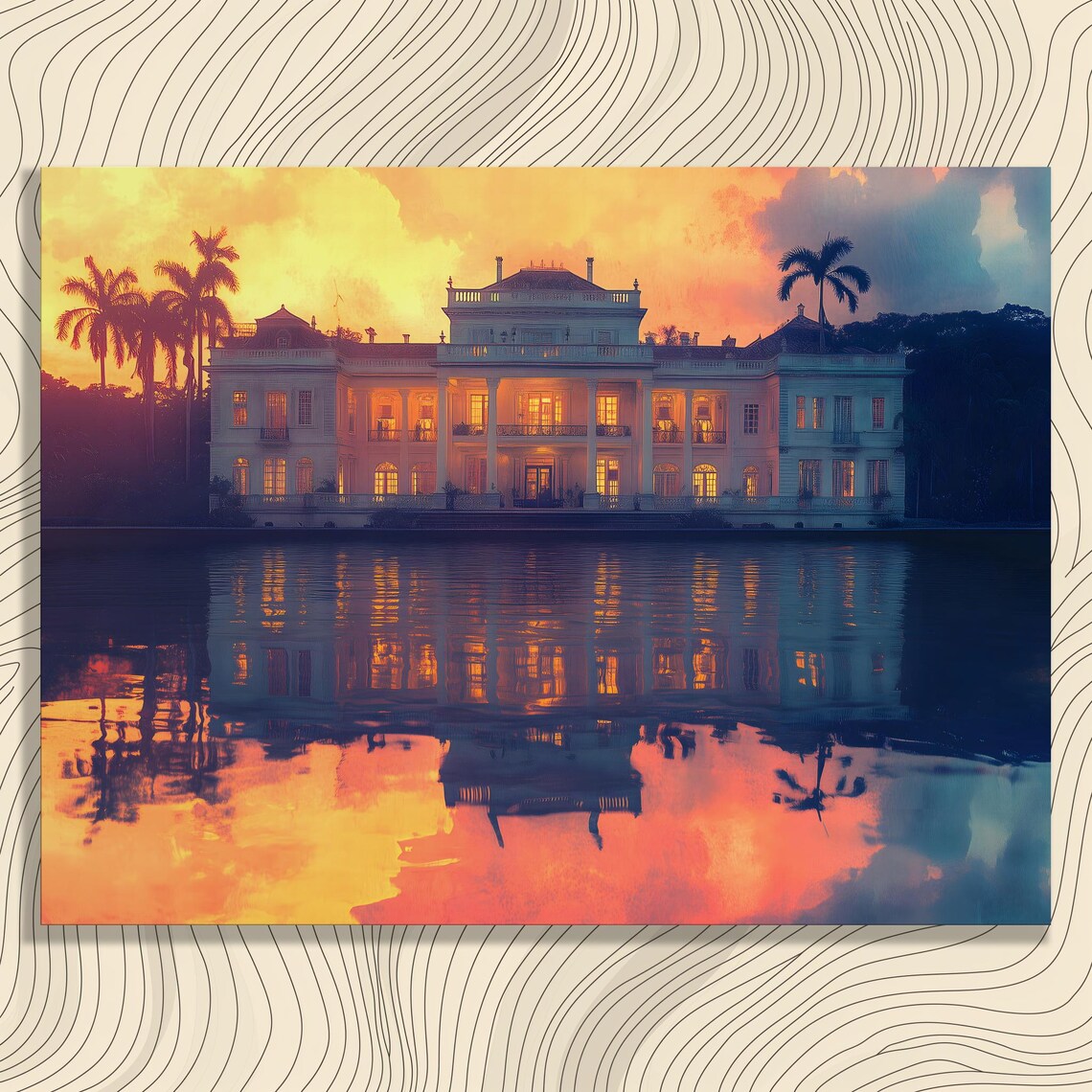 Colonial Mansion Sunset Canvas Wall Art Tropical Villa Reflection With Palm Trees