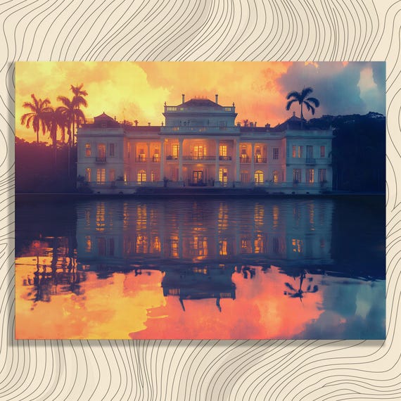 Colonial Mansion Sunset Canvas Wall Art Tropical Villa Reflection With Palm Trees