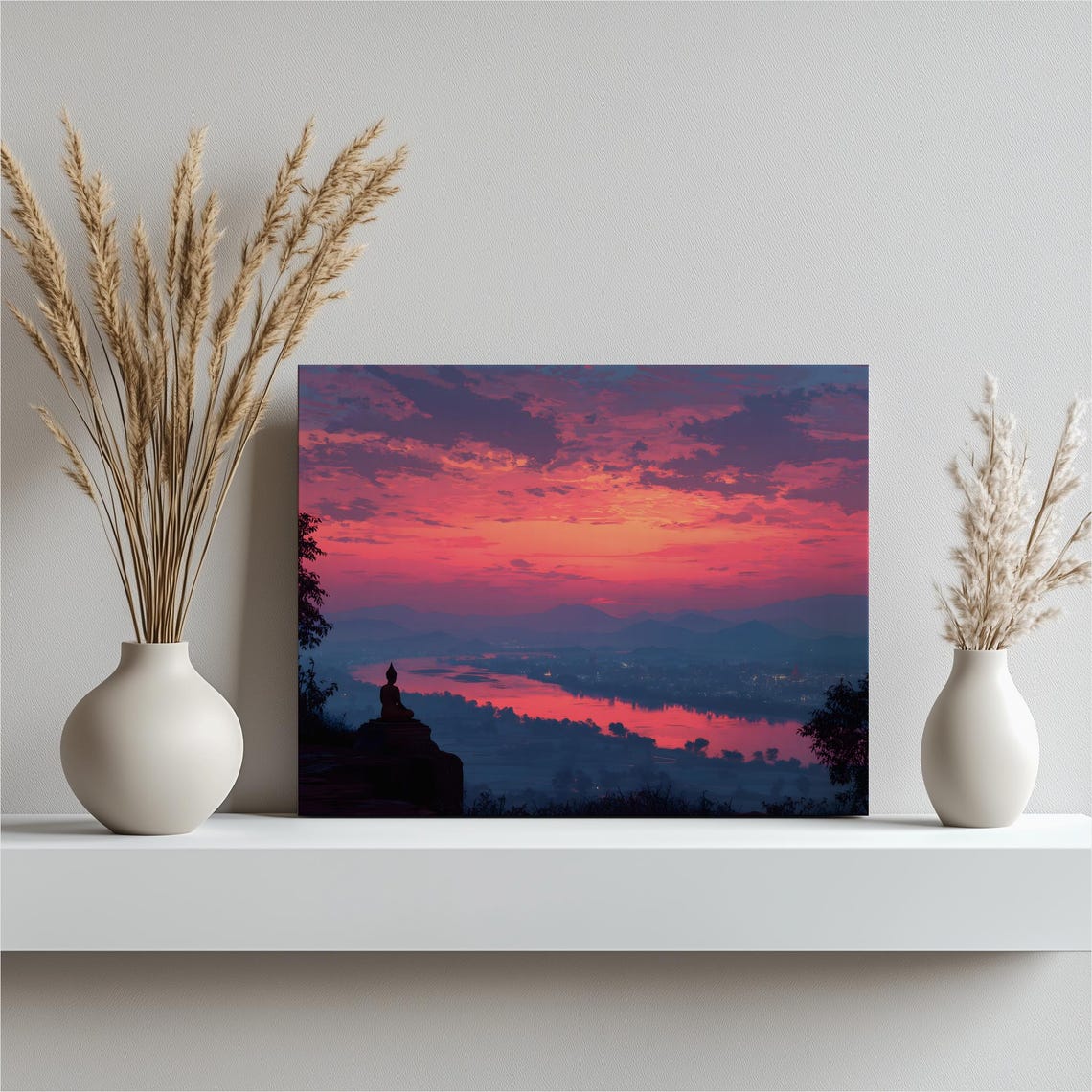 Buddha Silhouette Sunset River Valley Vibrant Pink Orange Sky Poster