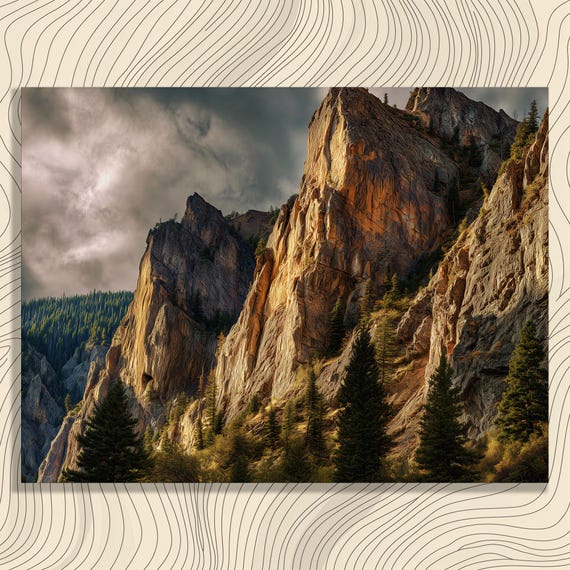 Dramatic Mountain Canyon Canvas Wall Art Rocky Cliffs Pine Forest Moody Sky Nature Photography Print Landscape Decor Colorful Gift