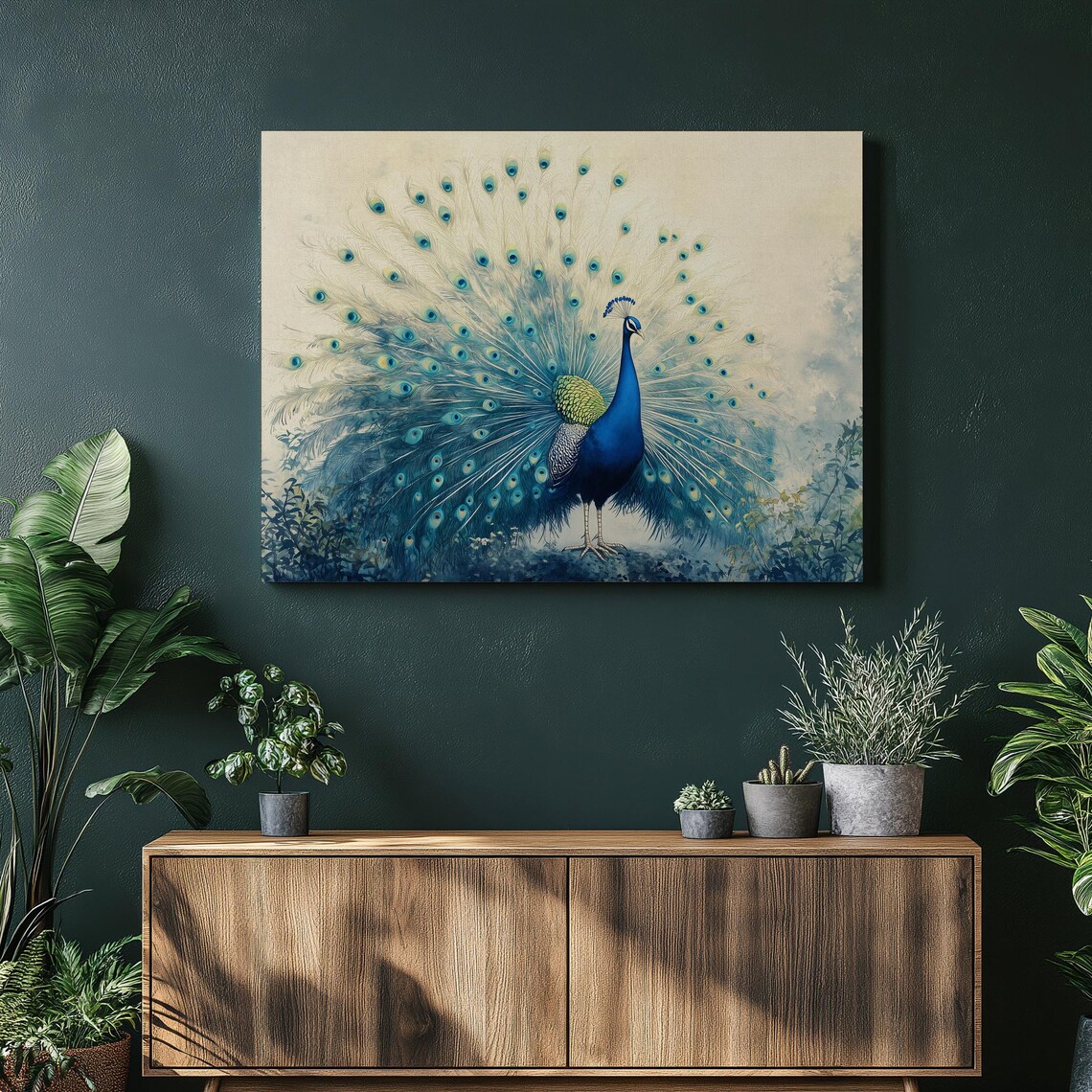 Majestic Peacock with Fanned Tail Blue Green Feather Watercolor Poster