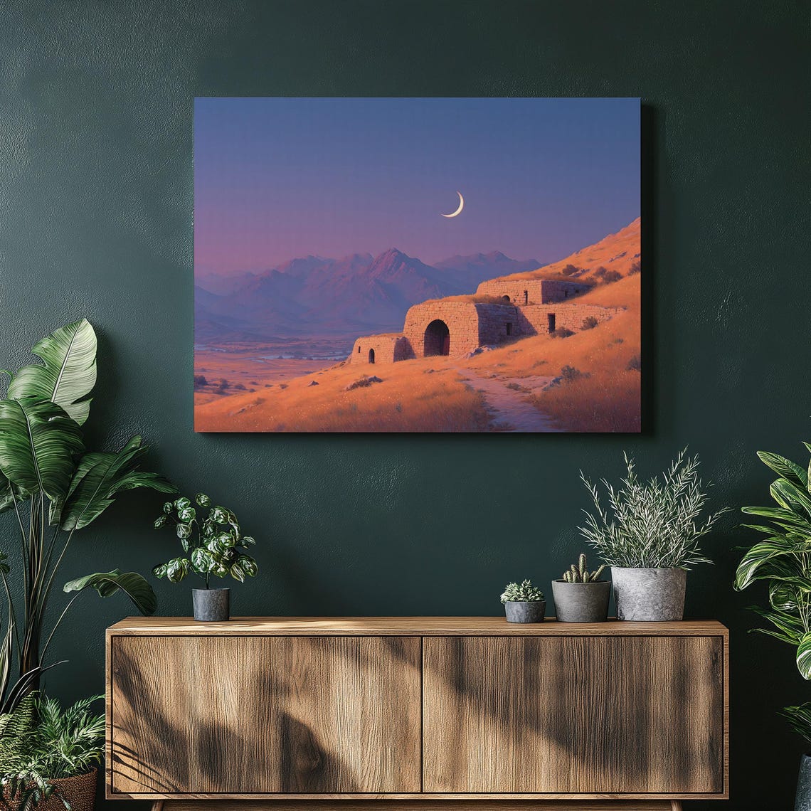 Desert Twilight Stone Huts Under a Crescent Moon Hillside Poster
