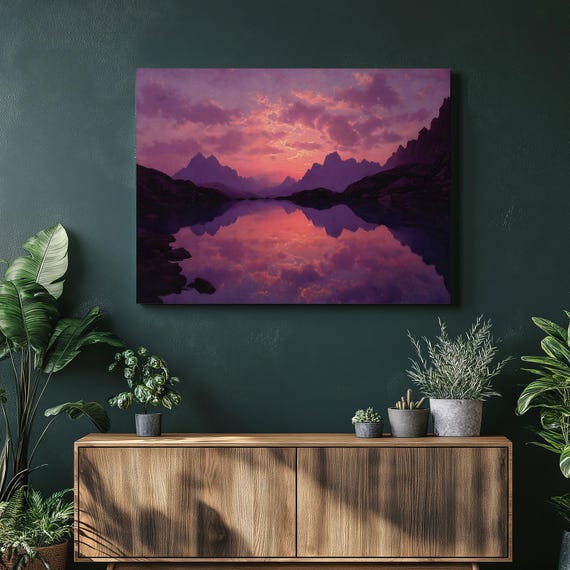 Mountain Sunset Canvas Wall Art Lake Reflection Nature Decor Serene Landscape Purple Print Tranquil Scenery Gift Unique