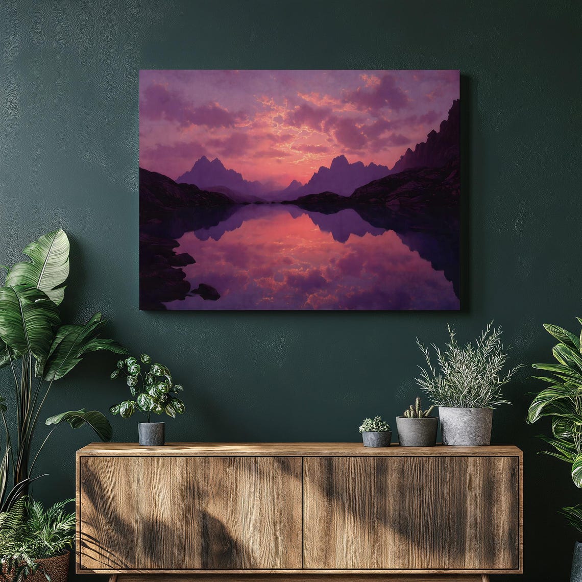 Purple Mountain Lake Sunset Mirror Reflection Dramatic Clouds Poster