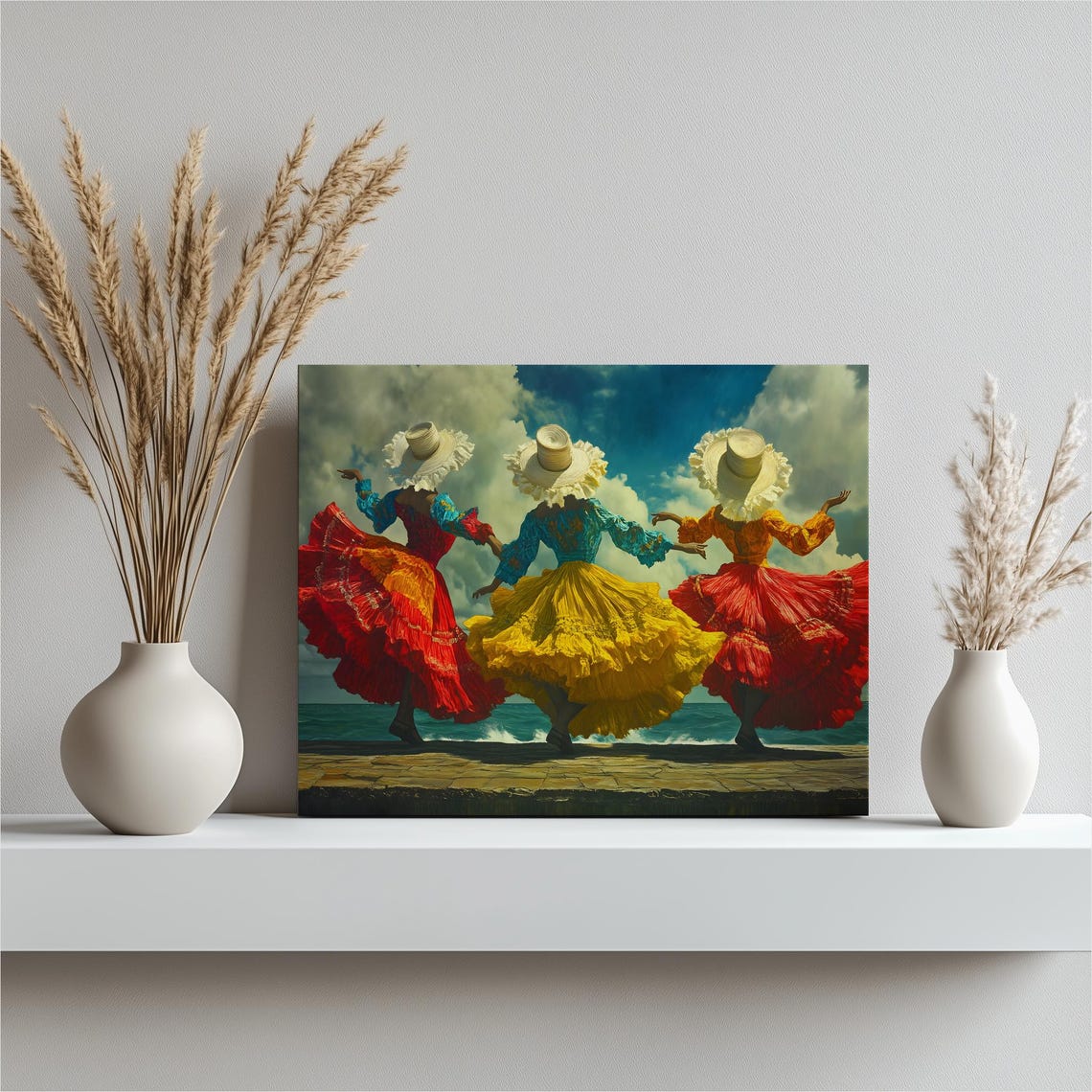 Colombian Cumbia Folk Dancers Vibrant Coastal Dance Canvas Wall Art
