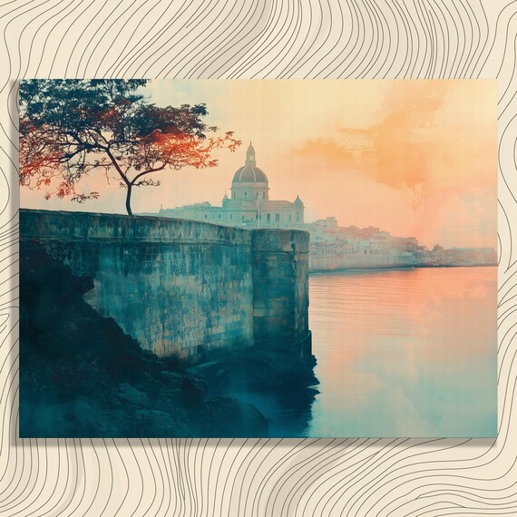 Coastal Pastel Sunset Canvas Wall Art Vintage Seaside Landscape Print Ocean Cityscape Decor Painting Gift For Lovers Home