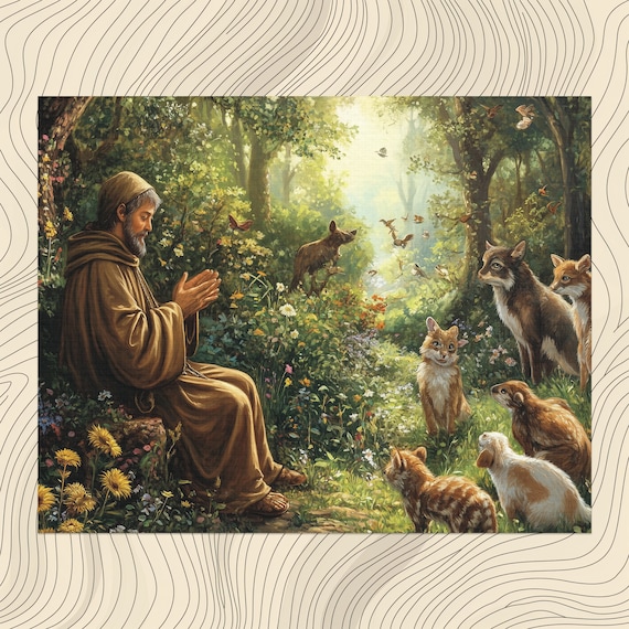 Saint Francis Praying Among Forest Animals Religious Wall Art