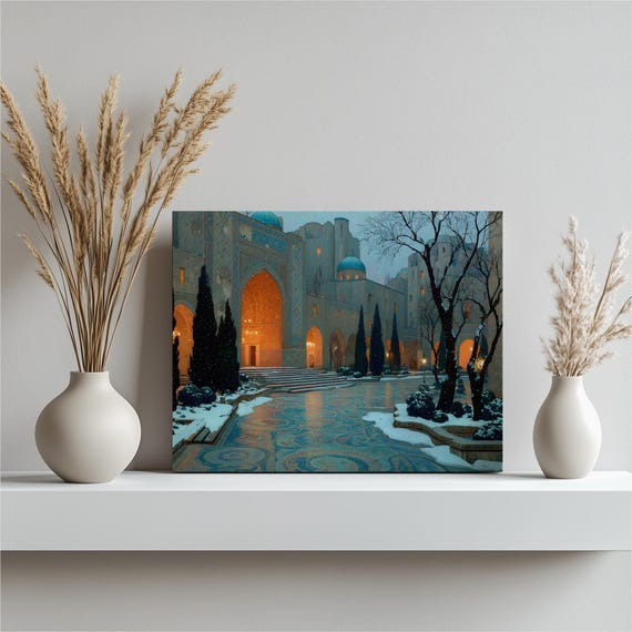 Mosque Winter Courtyard Canvas Wall Art Traditional Islamic Architecture Blue Dome Snow At Dusk Mosaic Tile Pattern Print For Homes