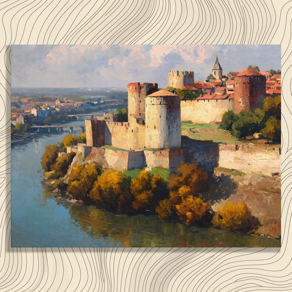 Castle River Landscape Canvas Wall Art Impressionist Painting Historic Beside Autumn Colors Rustic Home Decor