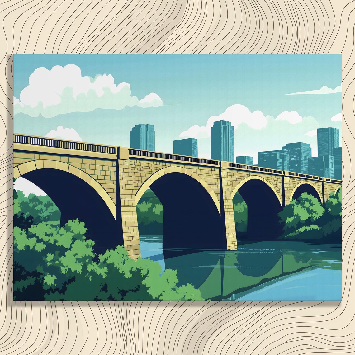 Stone Arch Bridge Over River City Skyline Illustration Poster