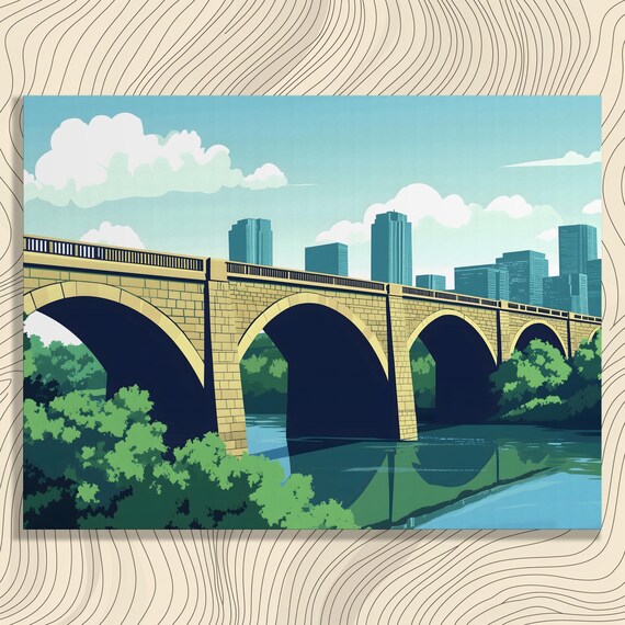 Bridge River Skyline Canvas Wall Art Abstract Landscape Colorful Cityscape Watercolor Urban Decor Print Gift For Teens
